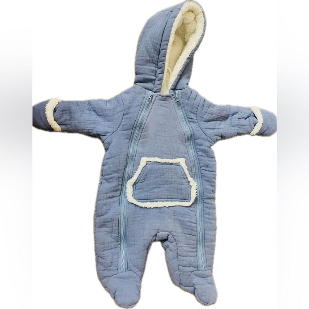 Cozy Blue Baby Snowsuit with Cream Trim 100% cotton 0-3m